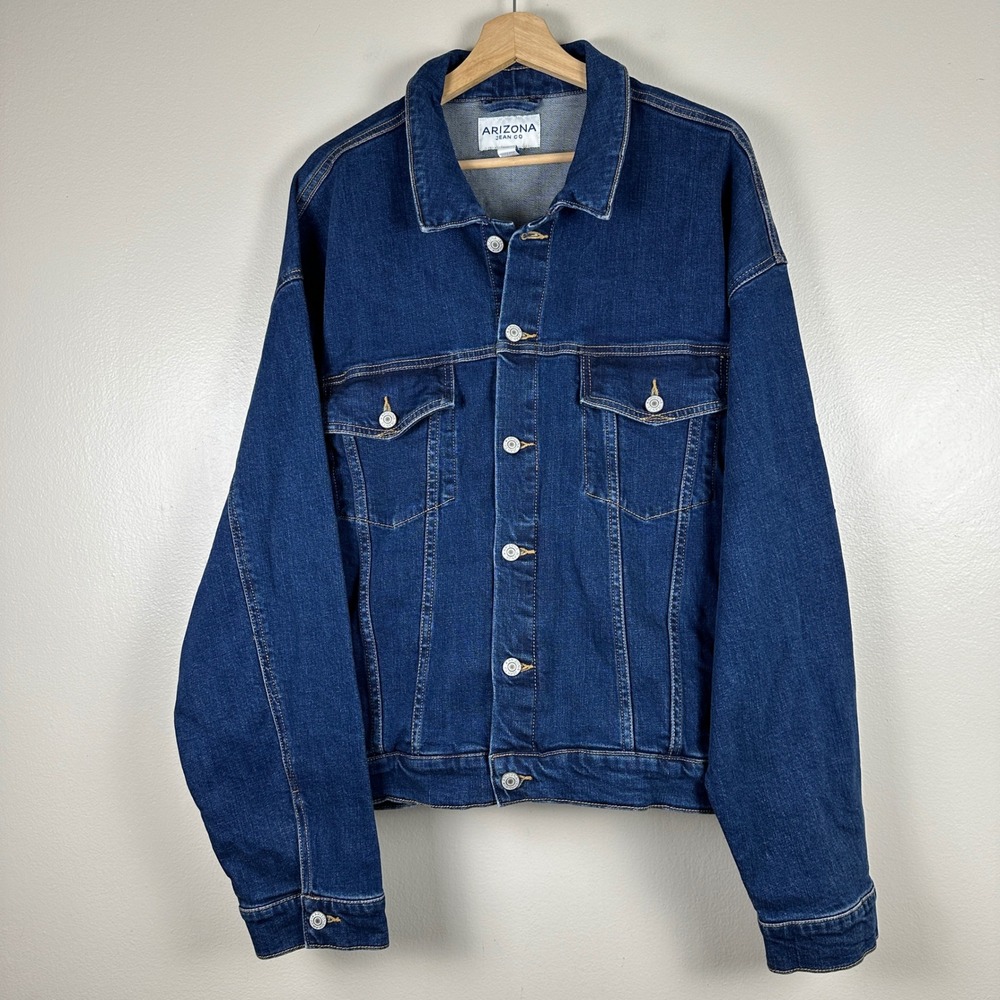 Arizona Jean Co Mens XL Denim Jacket Dark Wash Blue Trucker Stretch 80s NEW